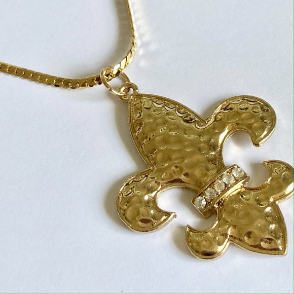 Vintage Fleur de Lis Pendant Necklace Gold Plated 24" BIG Statement Mardi Gras - Picture 9 of 12